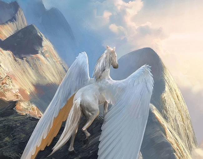 Pegasus står på en klippe