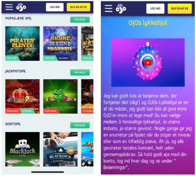 skærmbilleder af playojo casino forside og kampagne side fra mobilen 