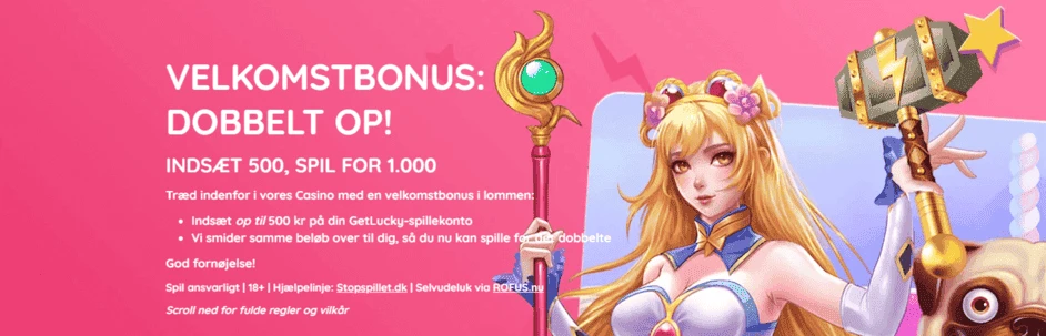 GetLucky Danmark Velkomstbonus banner med lyserød baggrund, spilelementer og hvid tekst
