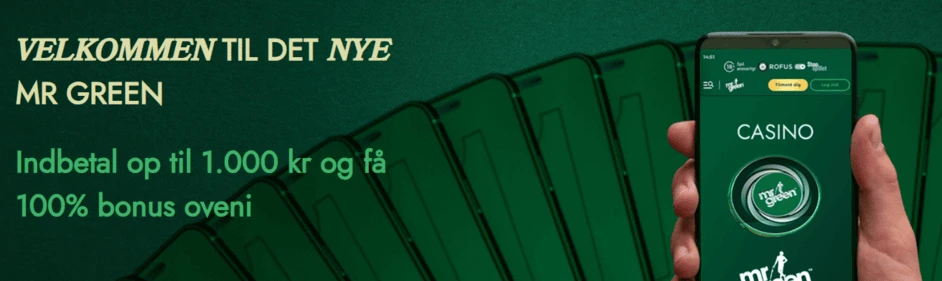 Mr Green velkomstbonus banner casino bonus grønne farver baggrund og tekst med mobiltelefon